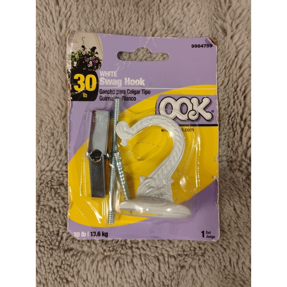 NEW 9984759 OOK 2-1/2 L in. Jumbo White Enamel Steel Swag Hook 30 lbs w/Mounting